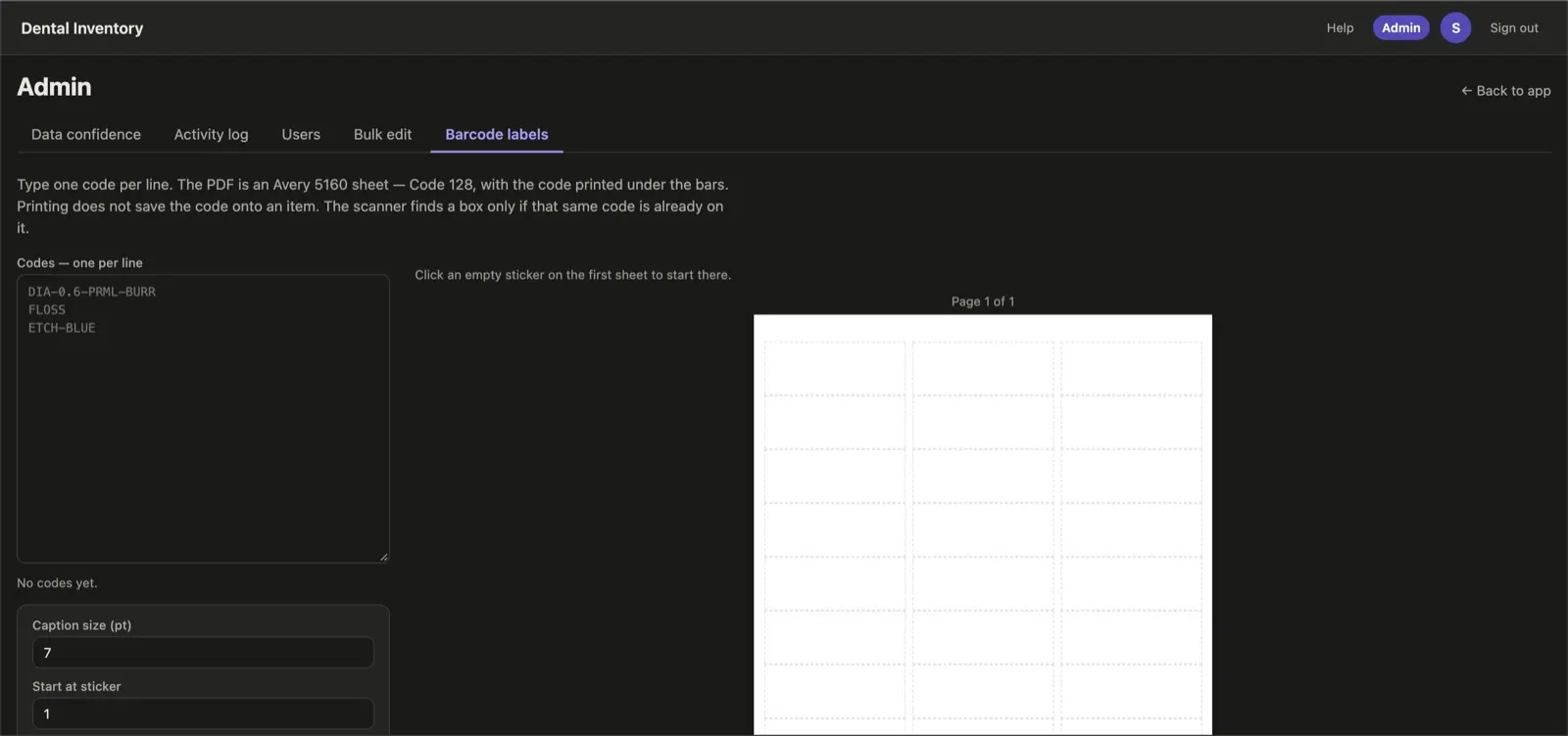 Admin screen for printing barcode labels onto a sticker sheet