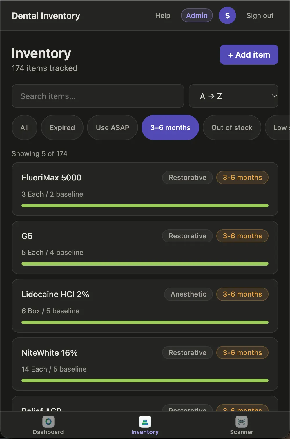 Inventory list filtered to items expiring in three to six months