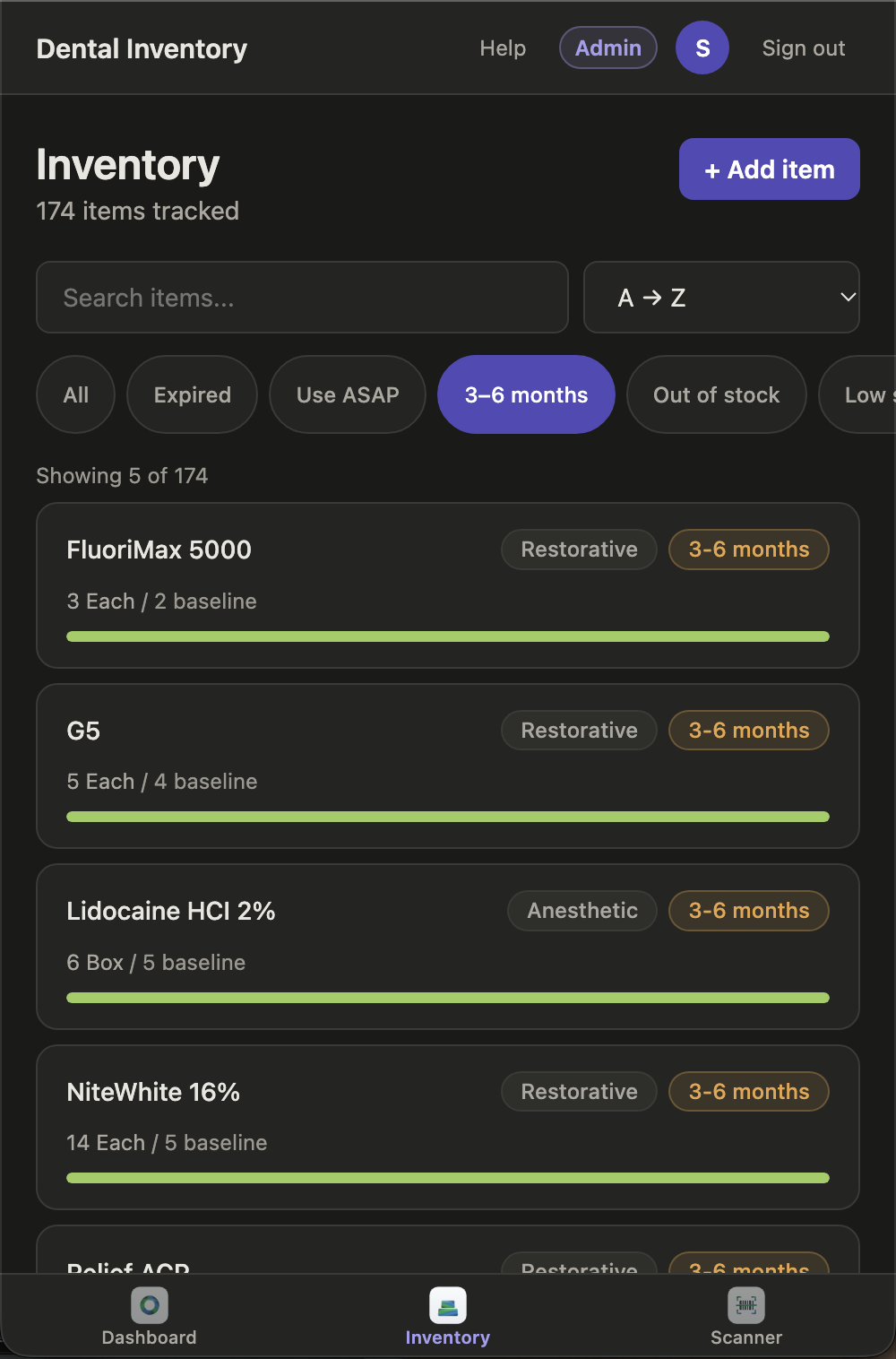 Inventory list filtered to items expiring in three to six months