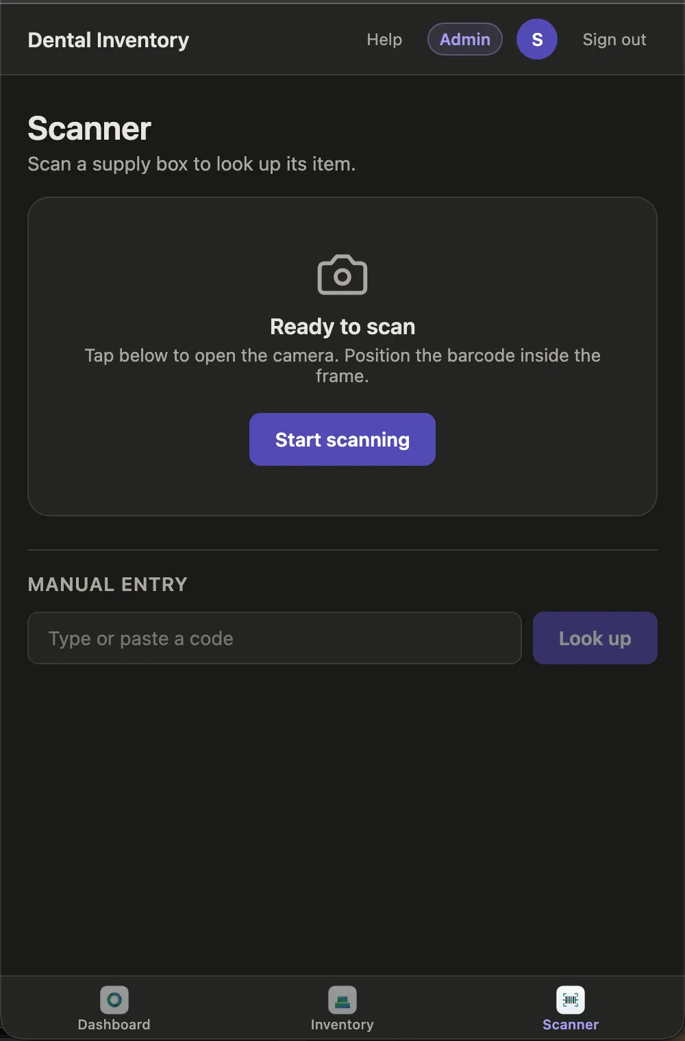 Scanner screen ready to look up a supply box by barcode