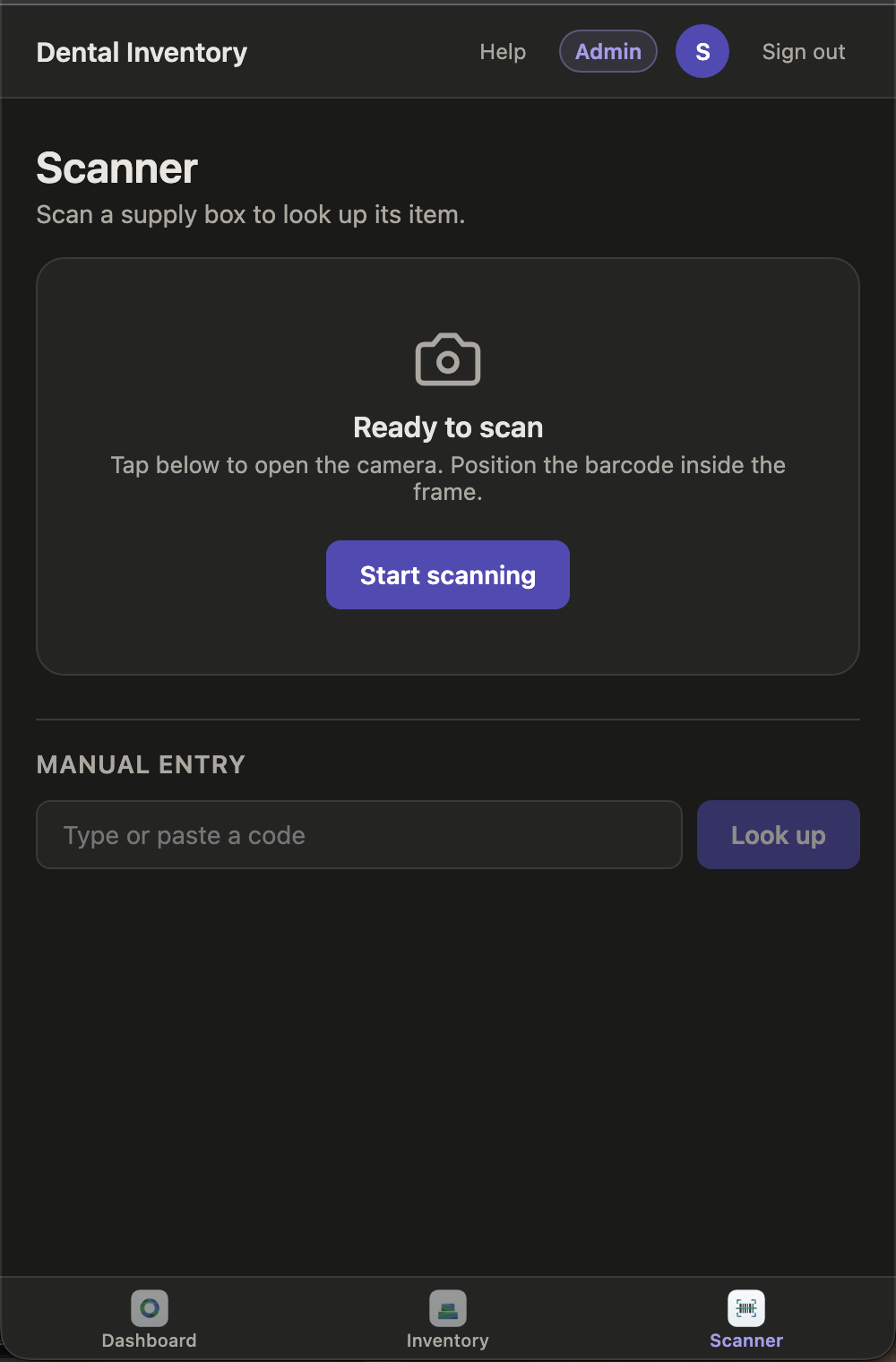 Scanner screen ready to look up a supply box by barcode
